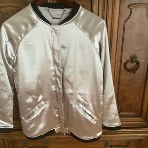 Capulet silver satin bomber jacket,  size medium